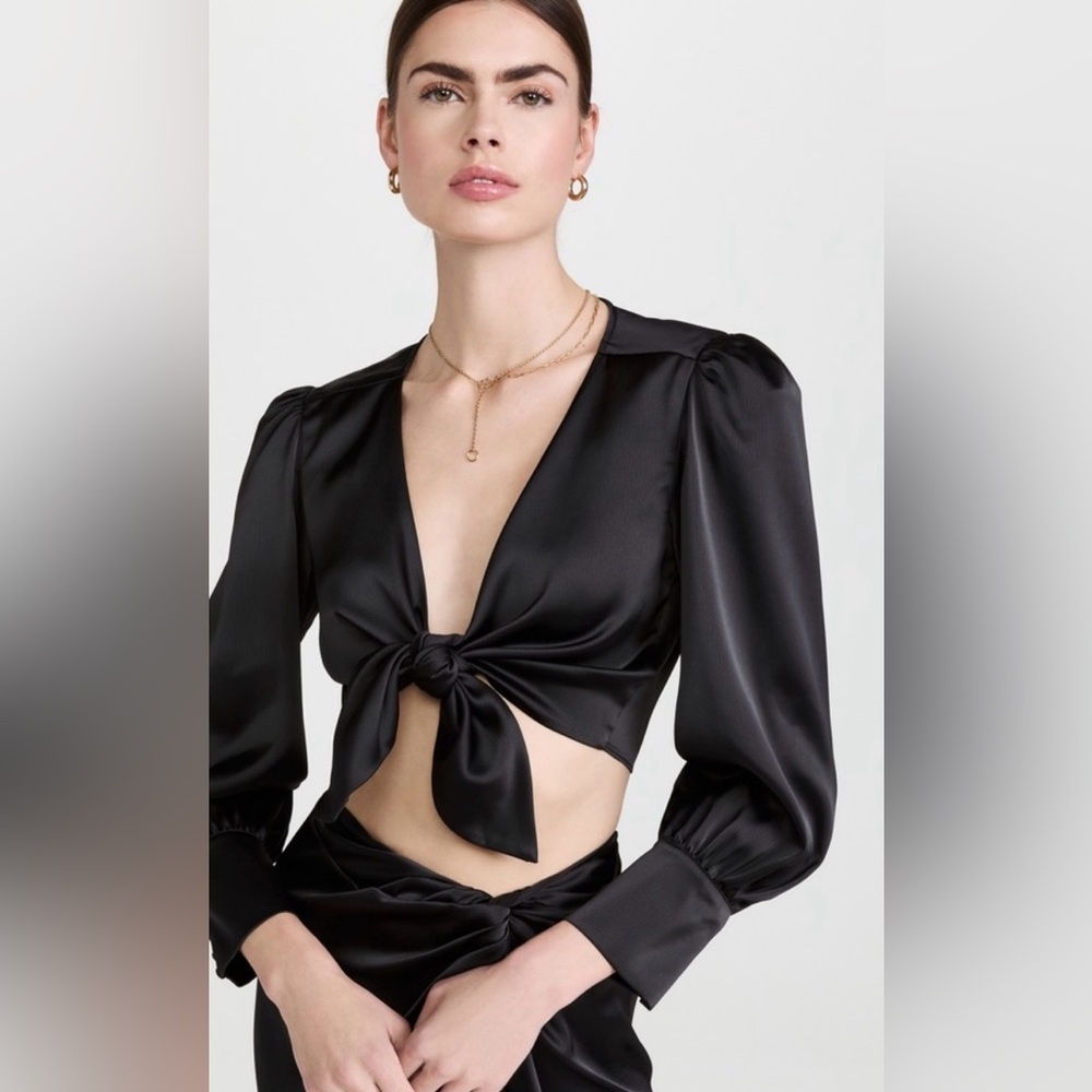 Wayf Black Satin Crop Top with Tie-Front
